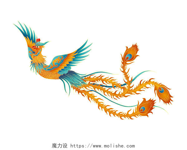 彩色手绘古风国潮风中国风凤凰装饰国潮元素PNG素材